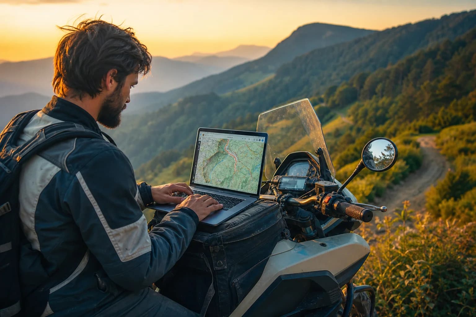 Rider planning a route on a laptop at a mountain overlook during golden hour
