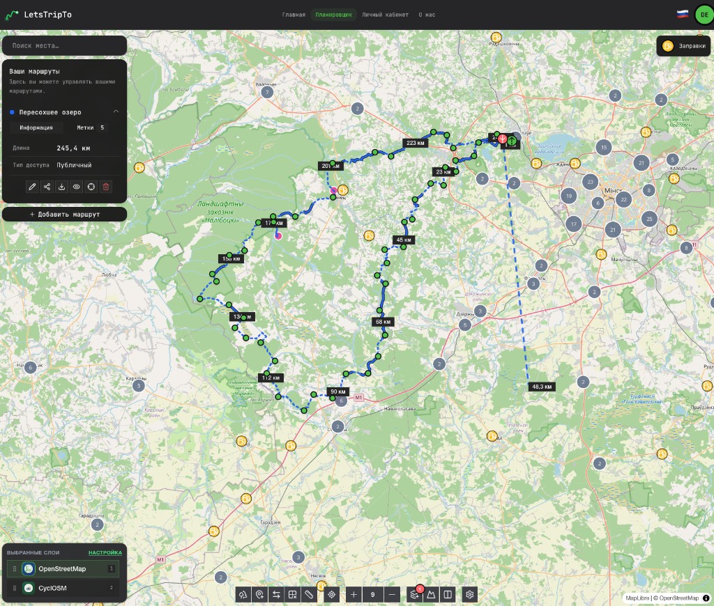 LetsTripTo route planner with map, route panel, and distance markers